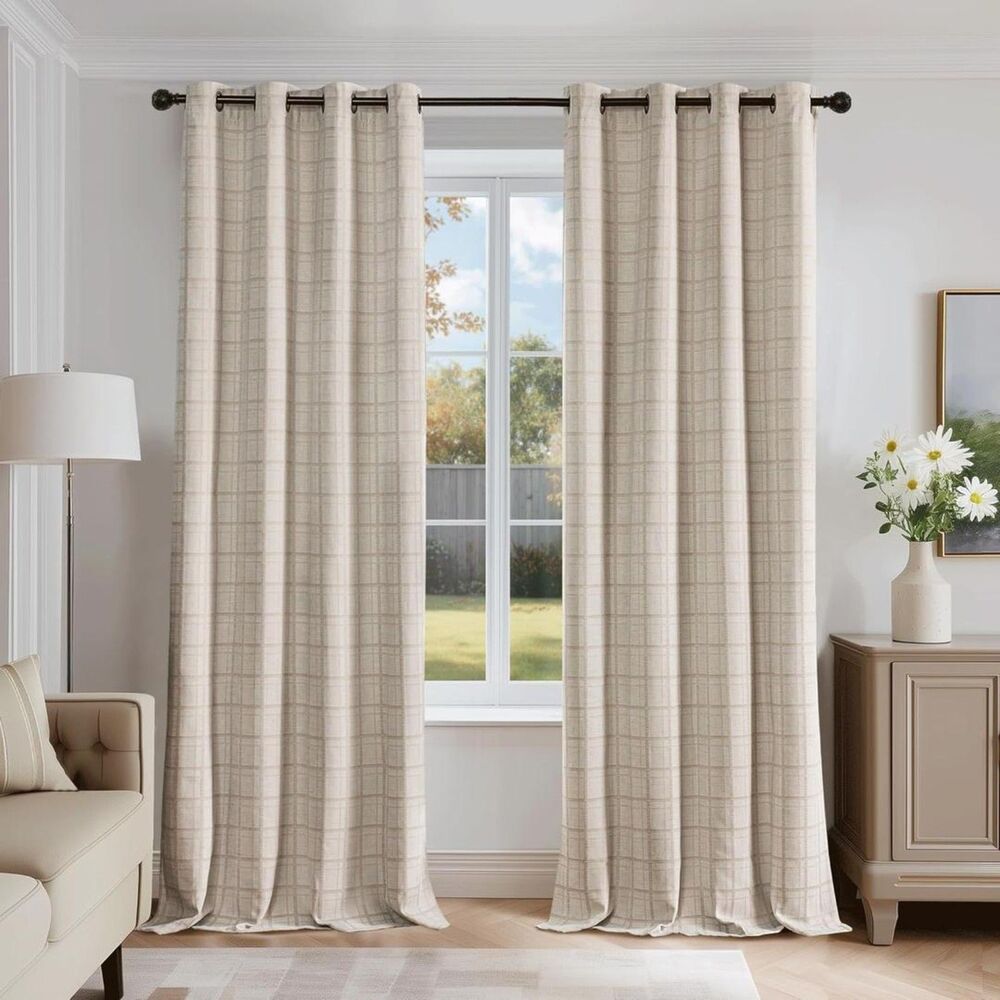 Brand New Beauoop Beige Plaid Jacquard Blackout Curtains – Set of 2